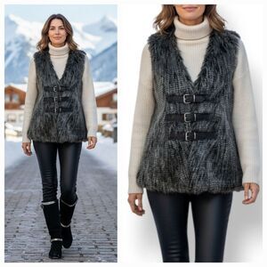 NEW Vintage Y2K Forever 21 Faux Fur Vegan Leather Buckled Strap Vest Size S
